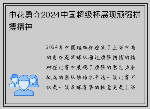 申花勇夺2024中国超级杯展现顽强拼搏精神 申花勇夺2024中国超级杯展现顽强拼搏精神
